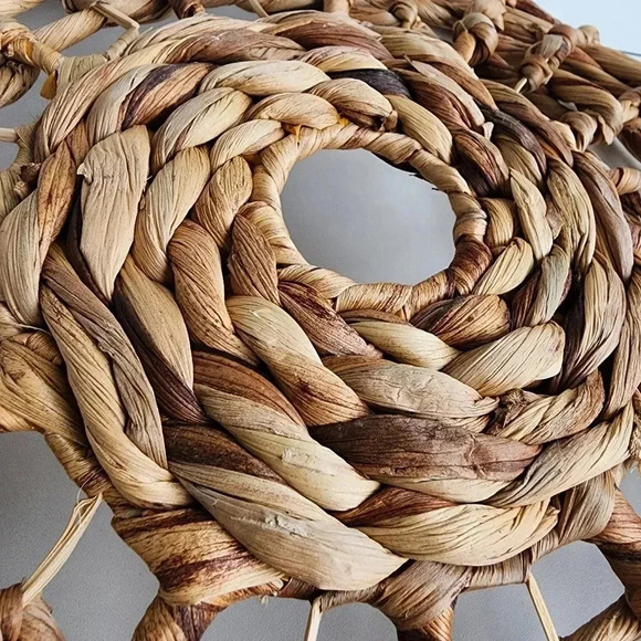 Hand Woven Basket Bowl Round Coil Sun Swirl Brown Natural Table Wall Decor 18" - Picture 8 of 8